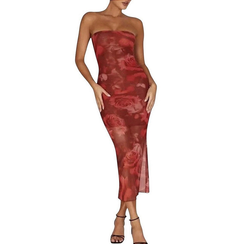 Meshki Red Rose Floral Mesh Strapless Tube Maxi Dress Bodycon Back Slit XXS